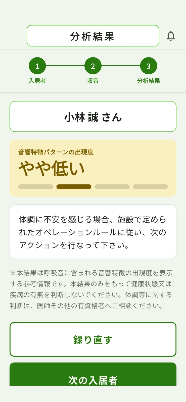 分析結果の画面。音響特徴パターンの出現度が「やや低い」と表示されている